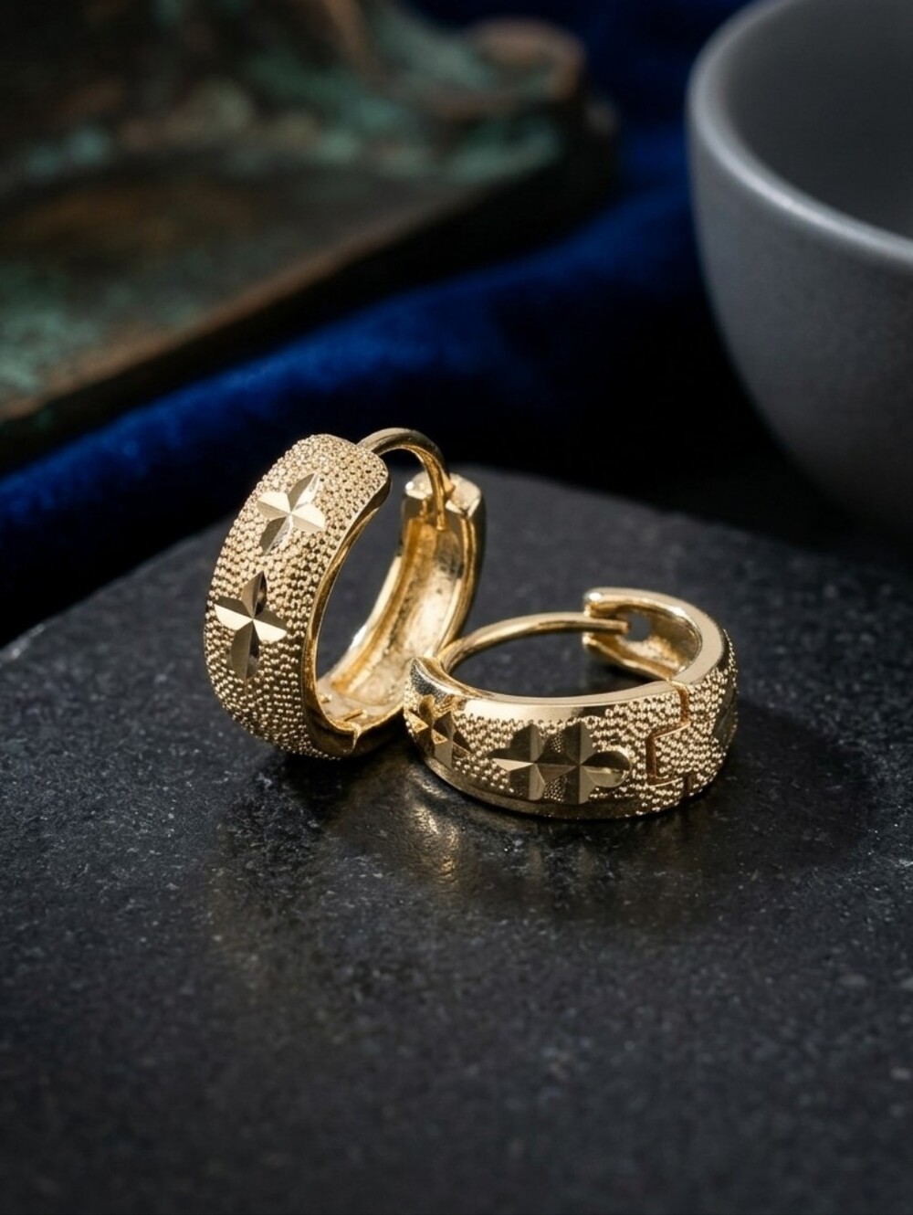 Gold Textured Star Hoop Earrings - Women's Jewelry